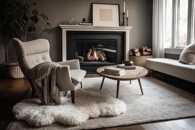 Acogedor salón con alfombra de felpa sillón acogedor y cálida chimenea