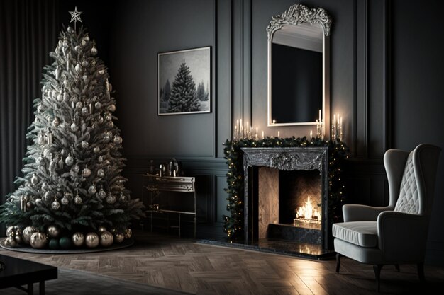 Acogedor salón con chimenea y árbol de navidad en un interior clásico Fondo de feliz navidad