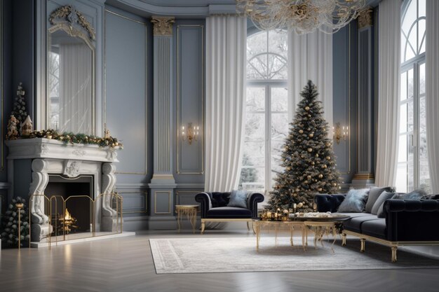 Acogedor salón con chimenea y árbol de navidad en un interior clásico Fondo de feliz navidad