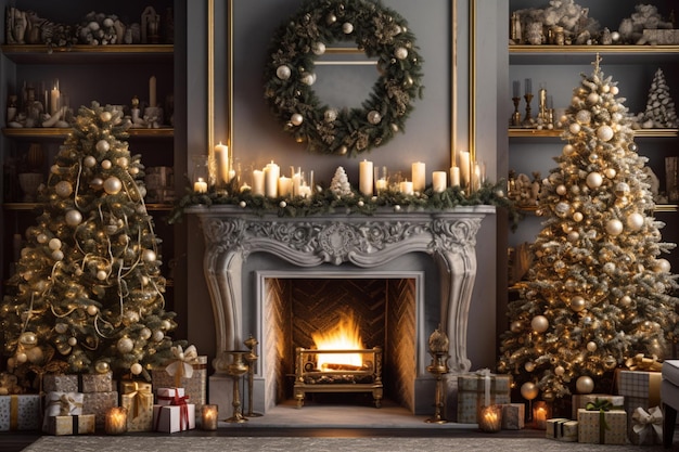 Acogedor salón con chimenea y árbol de navidad en un interior clásico Fondo de feliz navidad