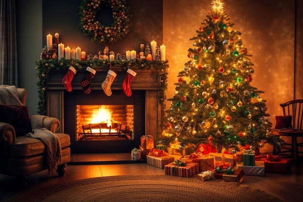 Acogedor salón con chimenea y árbol de navidad en un interior clásico Fondo de feliz navidad