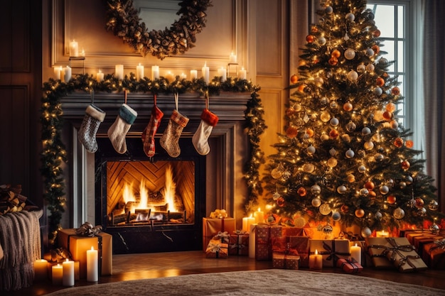 Acogedor salón con chimenea y árbol de navidad en un interior clásico Fondo de feliz navidad