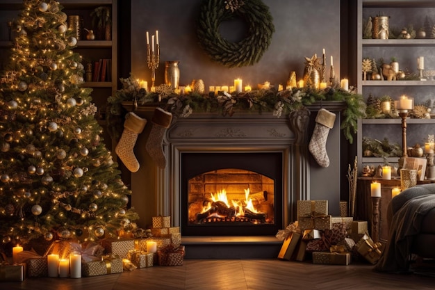 Acogedor salón con chimenea y árbol de navidad en un interior clásico Fondo de feliz navidad