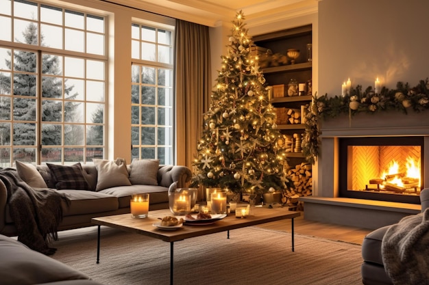 Acogedor salón con chimenea y árbol de navidad en un interior clásico Fondo de feliz navidad