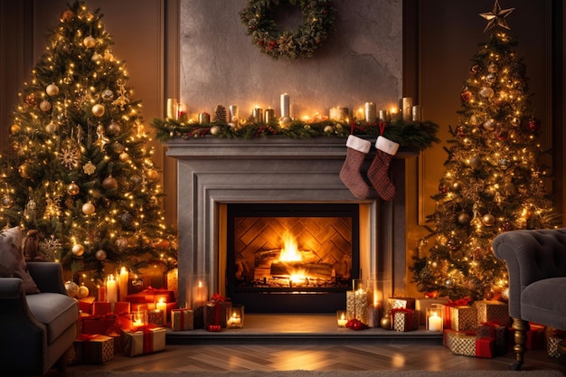 Acogedor salón con chimenea y árbol de navidad en un interior clásico Fondo de feliz navidad