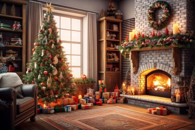 Acogedor salón con chimenea y árbol de navidad en un interior clásico Fondo de feliz navidad