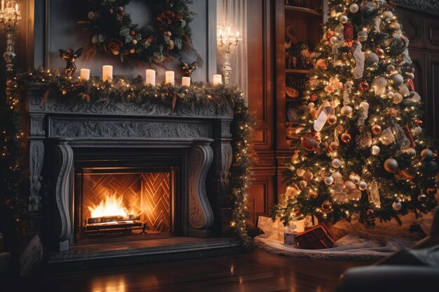 Acogedor salón con chimenea y árbol de navidad en un interior clásico Fondo de feliz navidad