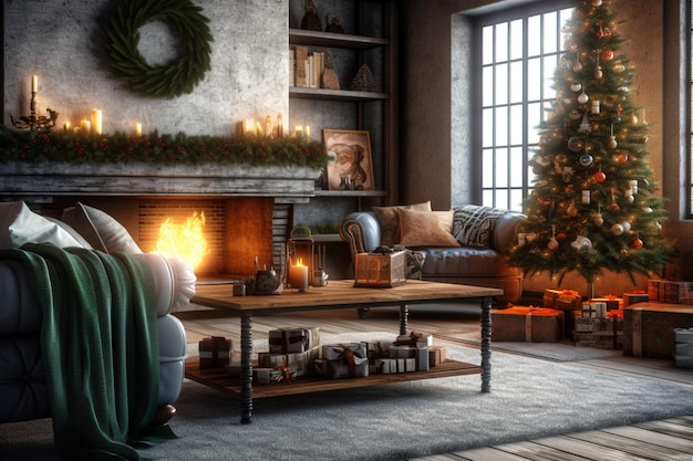 Acogedor salón con chimenea y árbol de navidad en un interior clásico Fondo de feliz navidad