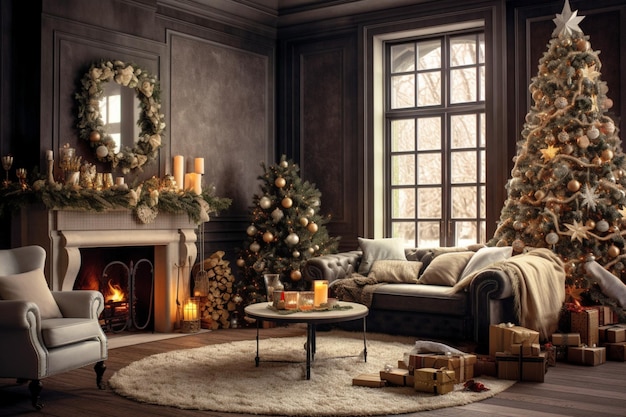 Acogedor salón con chimenea y árbol de navidad en un interior clásico Fondo de feliz navidad