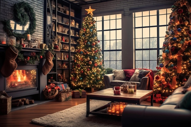 Acogedor salón con chimenea y árbol de navidad en un interior clásico Fondo de feliz navidad