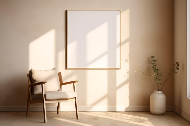 Acogedor salón interior beige con plantilla de marco de póster simulado en la pared, silla cómoda de madera, sillón, mesa de café, cuenco, maceta, ventana, luz, sombra, apartamento minimalista, diseño del hogar