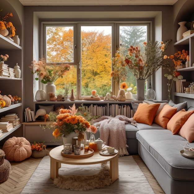 Acogedor salón interior en paleta otoñal con flores y calabazas de otoño