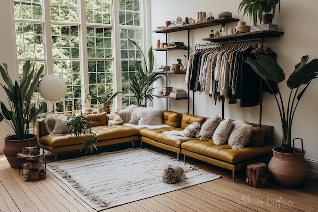 Acogedor salón interior con sofá amarillo, almohadas y plantas