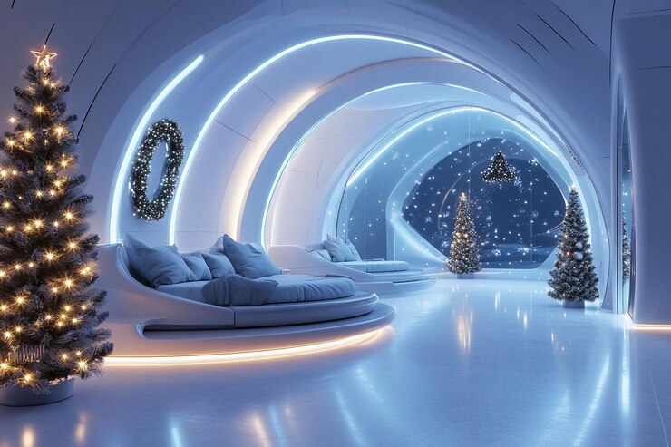 Acogedor salón de invierno con diseño moderno y decoraciones navideñas festivas IA generativa