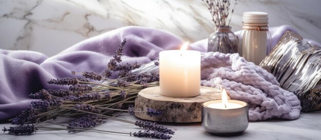 Acogedor tema de estilo Hygge con velas iluminadoras de té infundidas a cuadros de lana hechas a mano