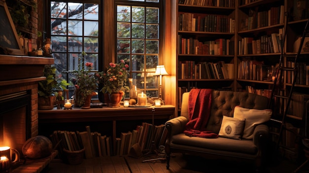 Foto una acogedora alcoba en una atractiva librería con estanterías abastecidas una agradable zona de descanso y una iluminación suave