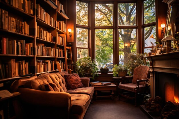 Una acogedora alcoba en una seductora librería con estanterías abastecidas una acogedura zona de lectura y una suave iluminación ambiental