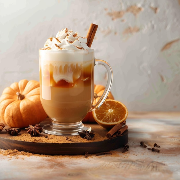 Acogedora bebida de otoño latte de especias de calabaza servido con bastón de canela para las redes sociales