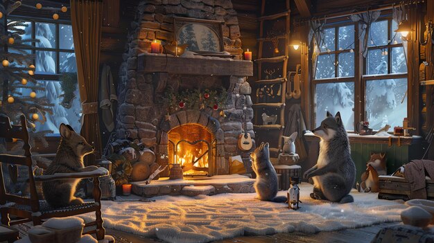 Una acogedora cabaña en el bosque está decorada para Navidad un lobo y un zorro están sentados frente a la chimenea y un pingüino está de pie en el hogar