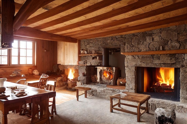 Acogedora cabaña con estufa y chimenea con mesa y sillas de madera.