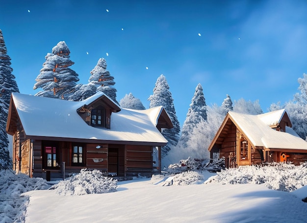Acogedora cabaña de invierno Belleza nevada bajo un cielo azul
