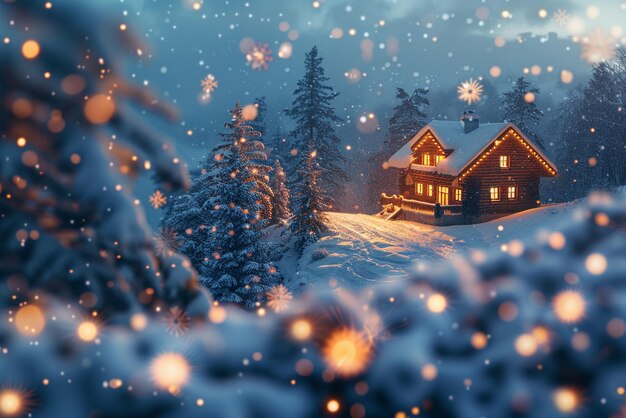 Acogedora cabaña de invierno con copos de nieve borrosos y luces cálidas