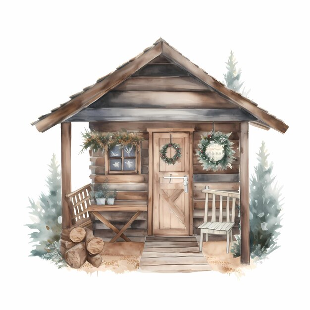 Acogedora cabaña de invierno cubierta de nieve dibujos de acuarela con luces y decoraciones navideñas festivas