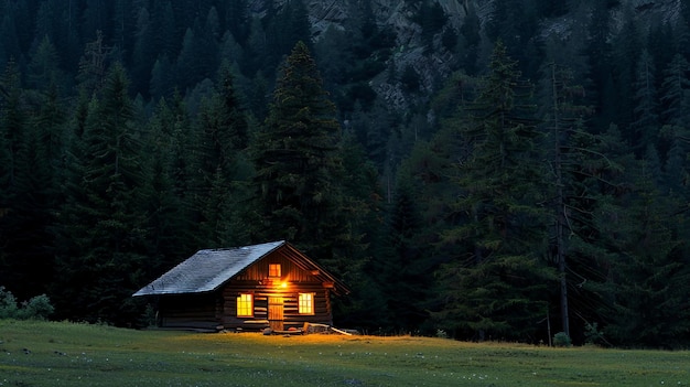 Foto una acogedora cabaña de madera enclavada en un bosque tranquilo el cálido resplandor de las ventanas de la cabaña contrasta con los fríos tonos oscuros de los árboles circundantes