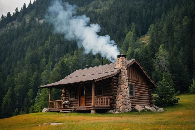 Acogedora cabaña de madera con humo de la chimenea en el bosque