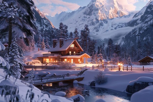 Foto una acogedora cabaña de montaña rodeada de nieve