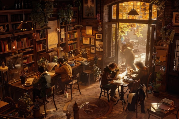 Acogedora cafetería con gente leyendo