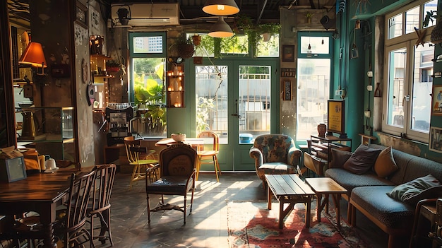 Acogedora cafetería retro con muebles antiguos iluminación cálida y decoraciones eclécticas que crean una atmósfera única para la relajación y la conversación