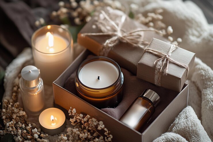 Acogedora caja de regalos con velas y aceites esenciales dispuestos en una manta suave perfecta para la relajación Gene
