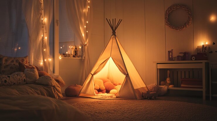 Acogedora casa de juegos de teepee en un dormitorio infantil por la noche iluminada por luz cálida y luces de hadas con muebles suaves y juguetes