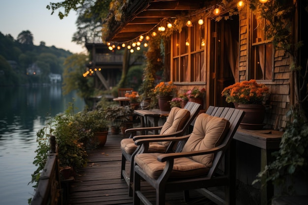 Una acogedora casa en el lago que da la bienvenida a las luces generativas IA