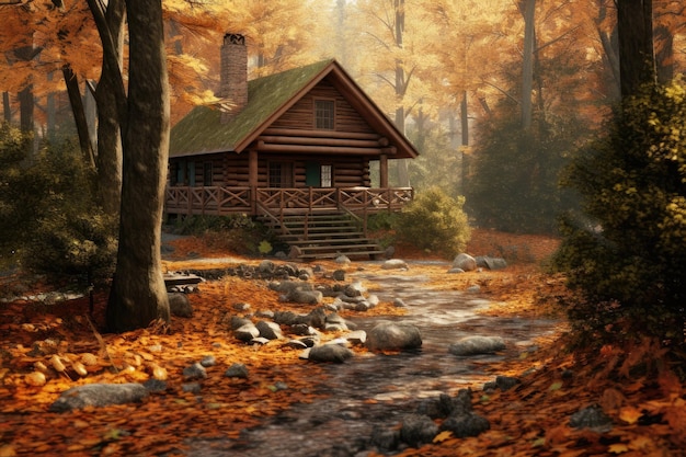 Acogedora casa de madera en el bosque de otoño