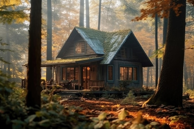 Foto acogedora casa de madera en el bosque de otoño