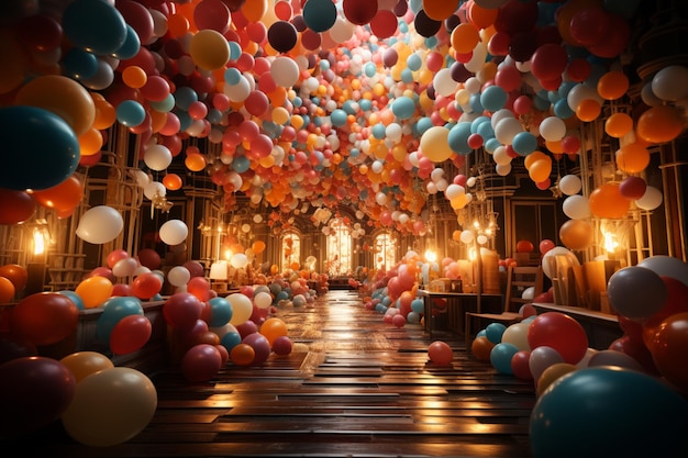 Acogedora celebración interior con un telón de fondo de coloridos globos flotantes