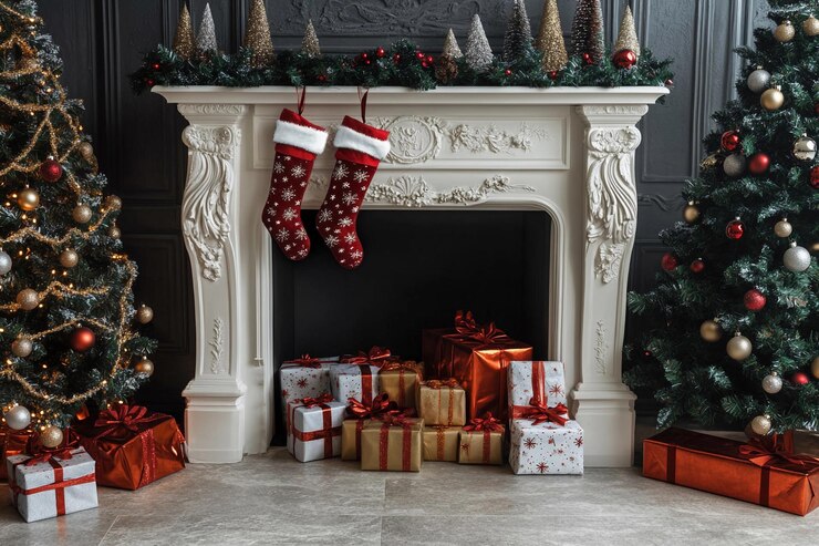 Acogedora chimenea adornada con medias y regalos coloridos para la celebración de Navidad