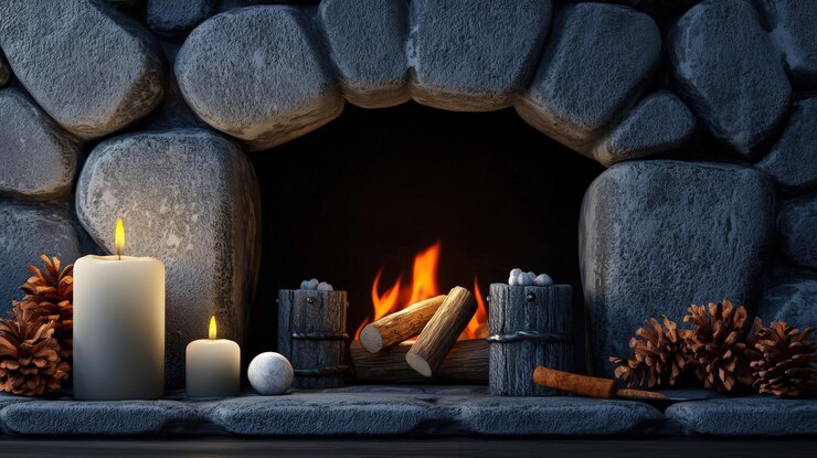 Acogedora chimenea con velas y decoración natural