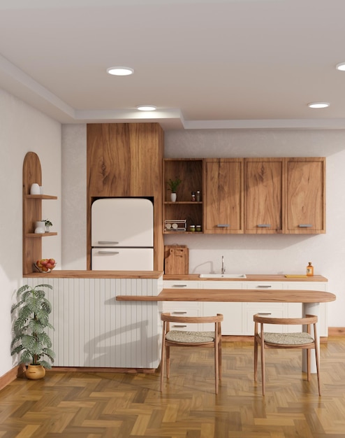 Acogedora cocina escandinava de estilo blanco y madera con mesa de madera con taburetes