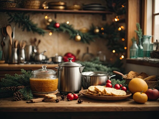 Foto acogedora cocina del pueblo con decoración navideña estado de ánimo de año nuevo preparándose para los utensilios de vacaciones