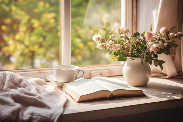 Acogedora configuración matinal con libro de café y flores por la ventana