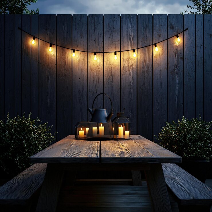 Acogedora configuración nocturna al aire libre con luces