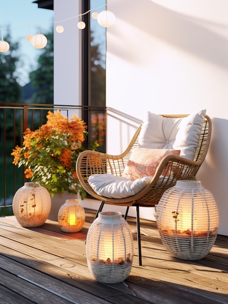 Acogedora decoración de balcón de otoño, cálida decoración de balcón de ciudad de otoño con sillas y almohadas, calabazas, hojas amarillas y velas a la luz de la tarde