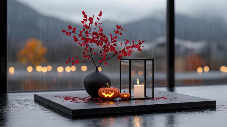 Una acogedora decoración de otoño con velas y elementos estacionales en un día lluvioso