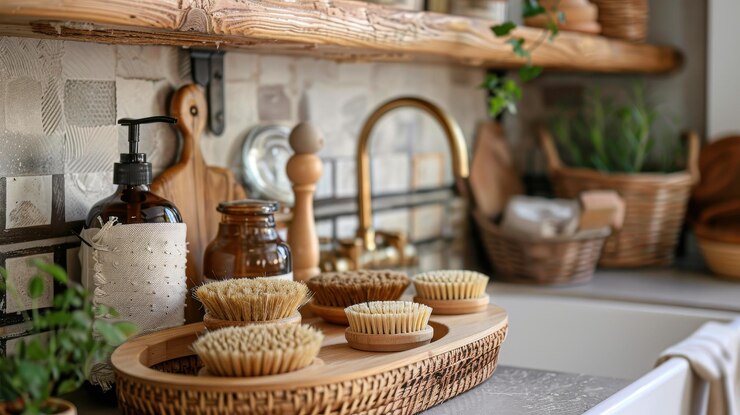 Una acogedora escena de cocina con pinceles naturales, decoración de madera y plantas para un ambiente ecológico