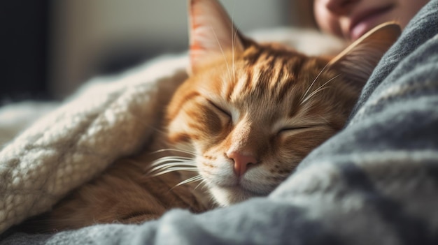 Una acogedora escena interior con una persona acurrucada en el sofá con su amigo felino disfrutando de una siesta tranquila por la tarde