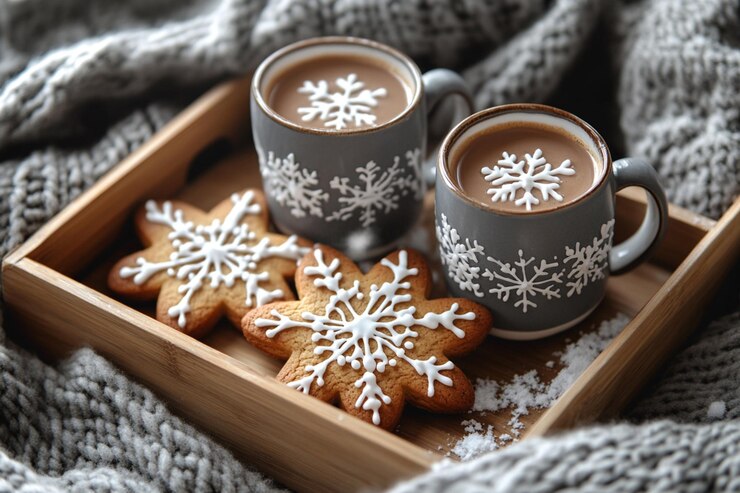 acogedora escena de invierno con galletas de pan de jengibre cacao y manta