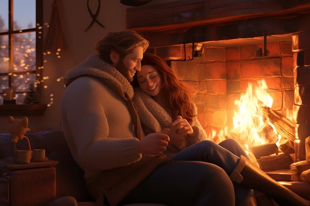 Una acogedora escena de invierno con una pareja compartiendo un cálido e 00000 02